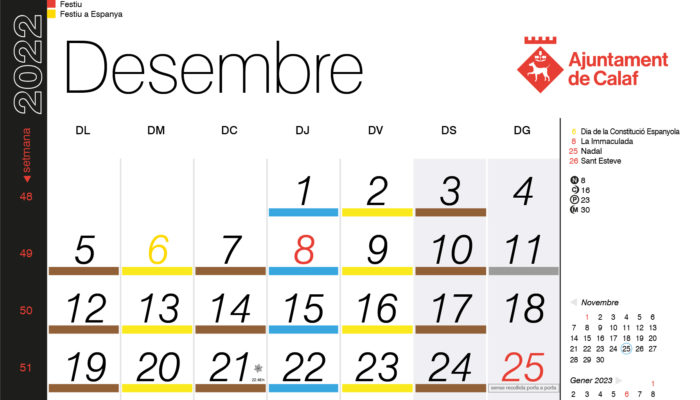 Calendari de recollida porta a porta – desembre 2022